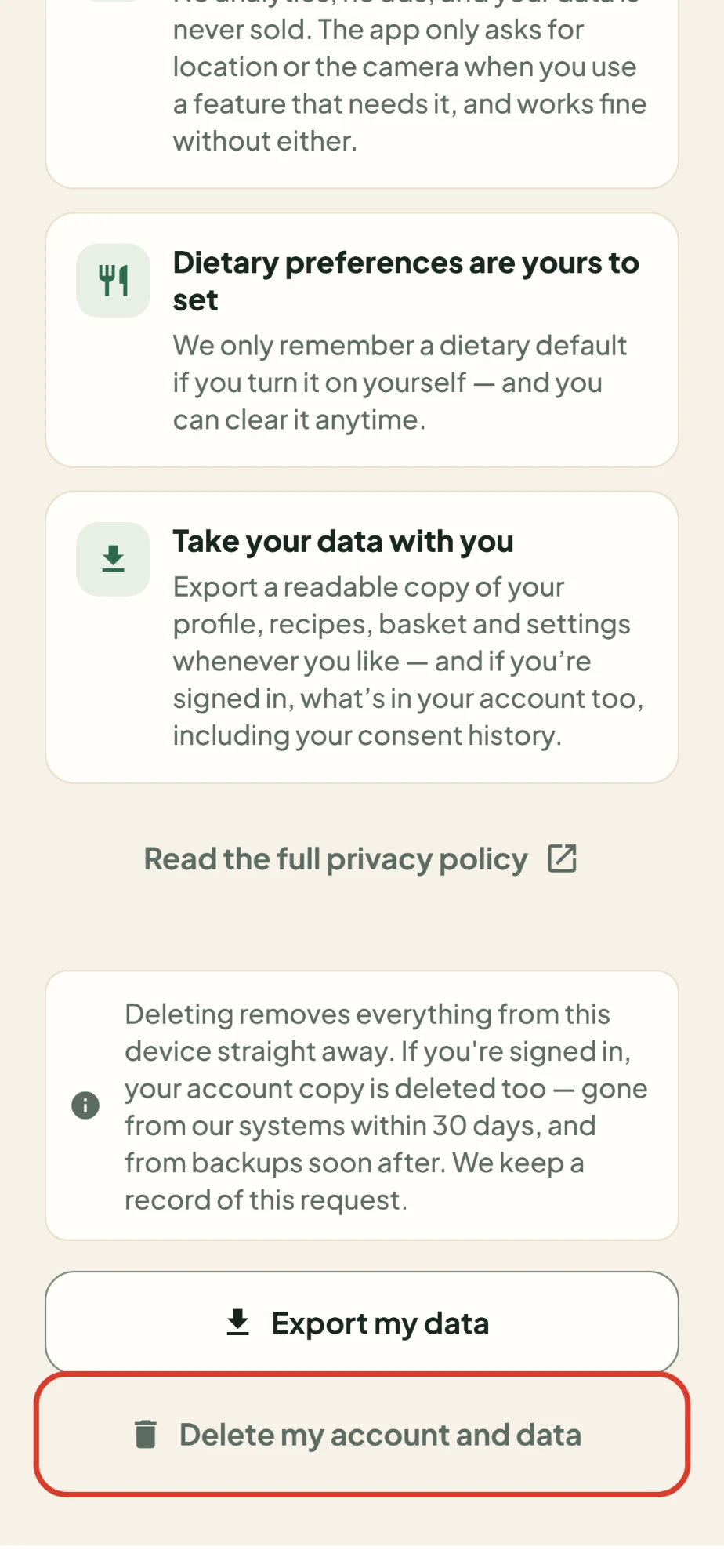The Data & privacy screen. Below the Read the full privacy policy link and a note explaining what deleting removes, the Delete my account and data button is highlighted, under Export my data.