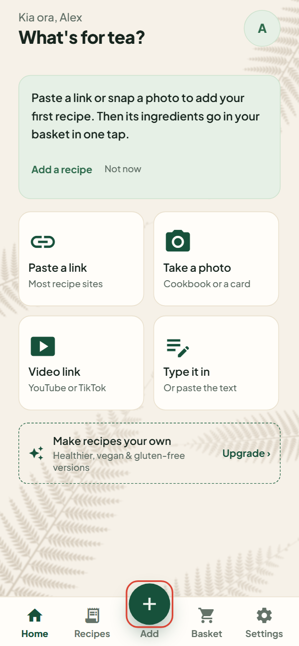 The Home screen, with the + button in the middle of the tab bar outlined.