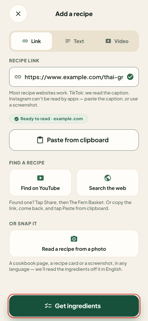 The Add a recipe screen with a recipe link pasted in and the Get ingredients button outlined.