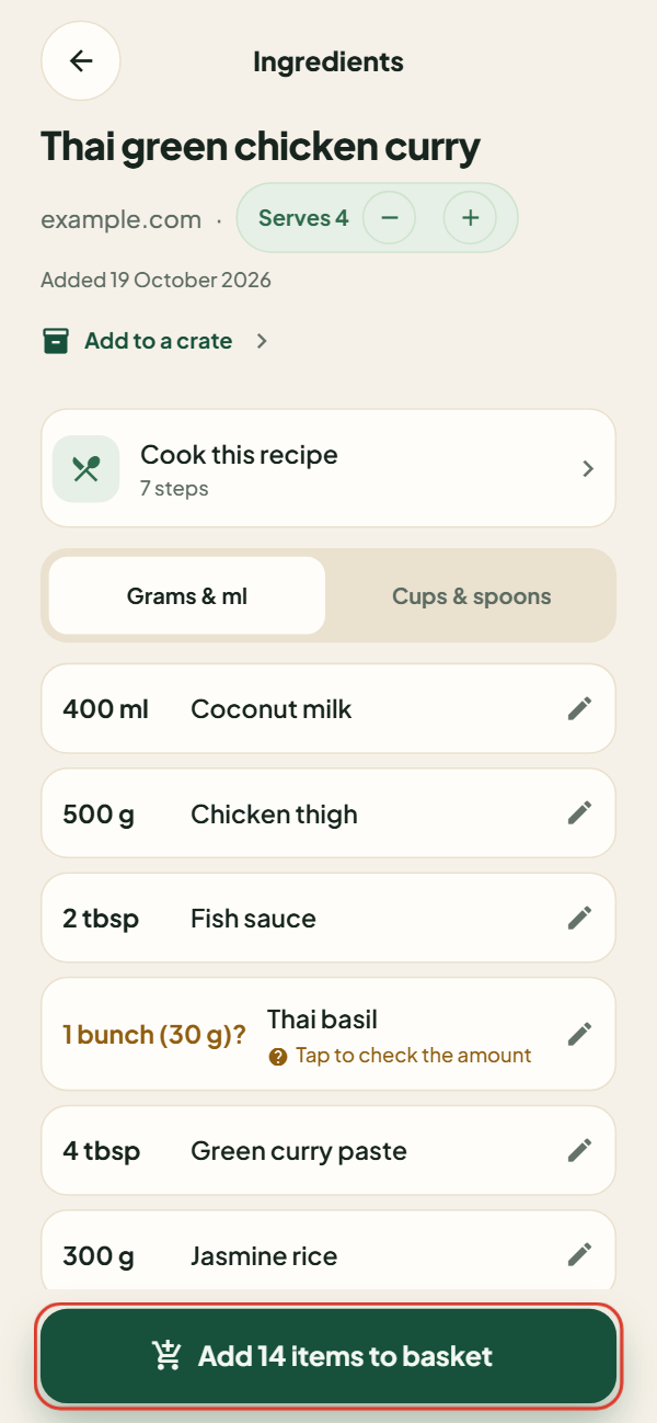 The ingredients of a Thai green chicken curry, the Thai basil amount marked to check, and the Add 14 items to basket button outlined.