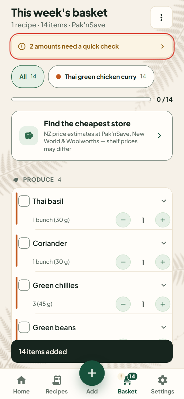 This week's basket, sorted by aisle, with the note "2 amounts need a quick check" outlined.