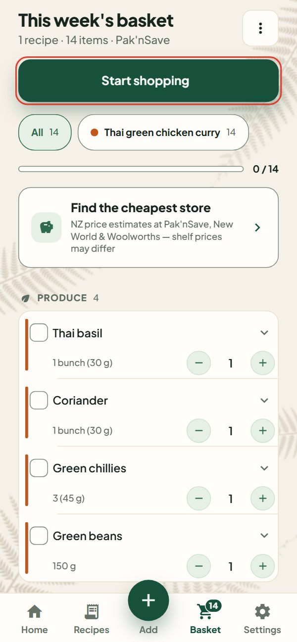 The basket with the Start shopping button outlined.