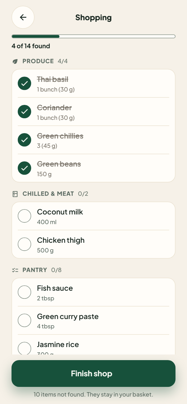 Shopping mode with four produce items ticked off: 4 of 14 found.