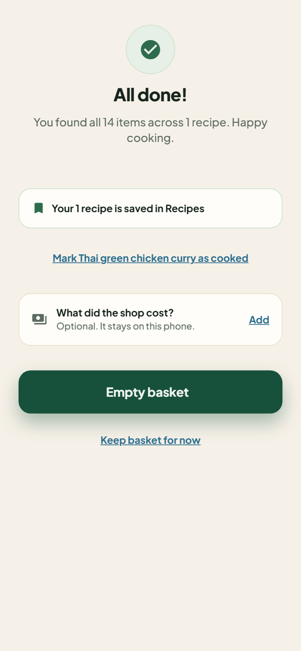 The All done screen: you found all 14 items across 1 recipe.